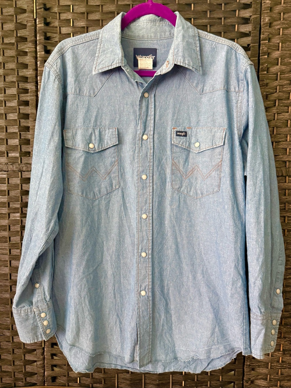 🤠 Vintage Wrangler Pearl Snap Chambray Western Shirt Blue Cotton Cowboy Ranch L